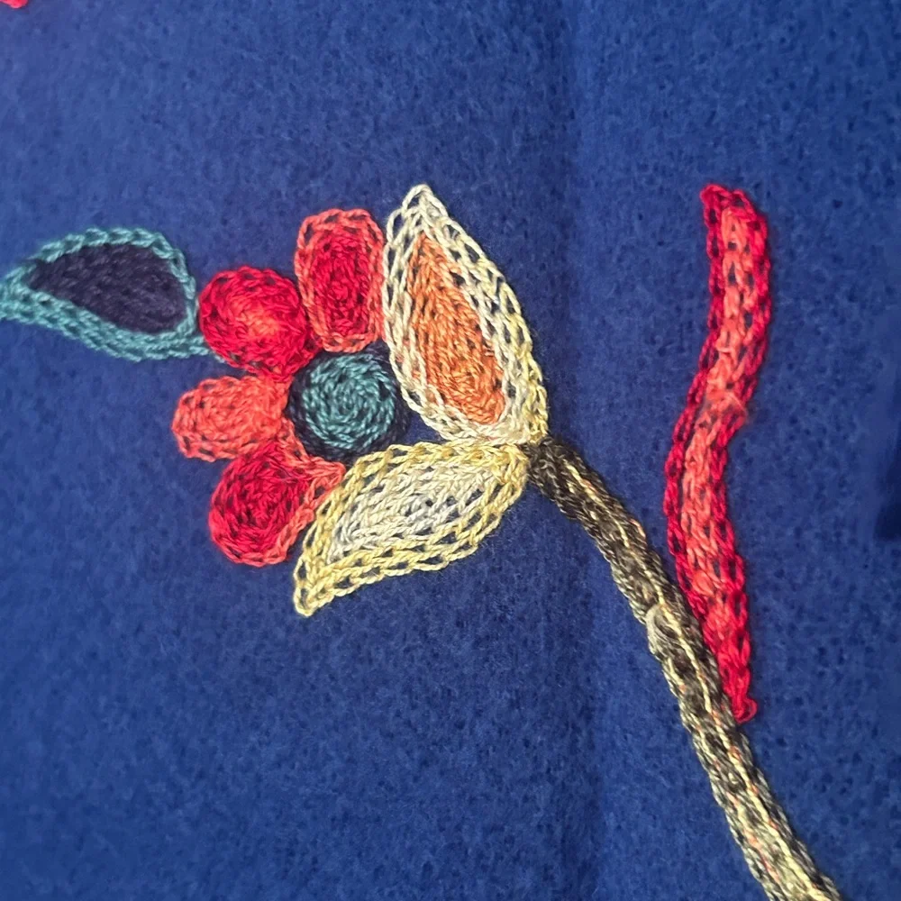 Jessica McClintock Otomi Embroidery Scarf Blue Fabric with Floral Paisley Design